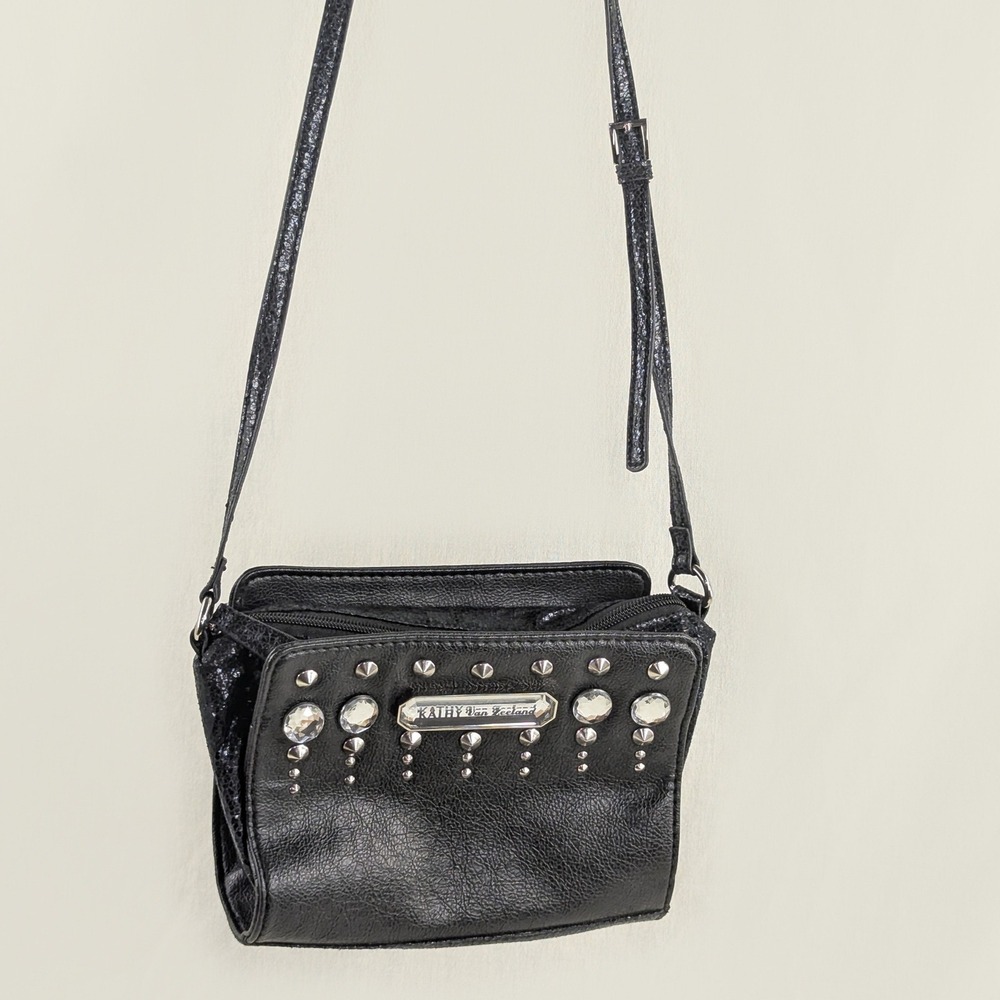 Kathy Van Zeeland Black Pebbled Crossbody Bag Studded Crystal Accents Y2K